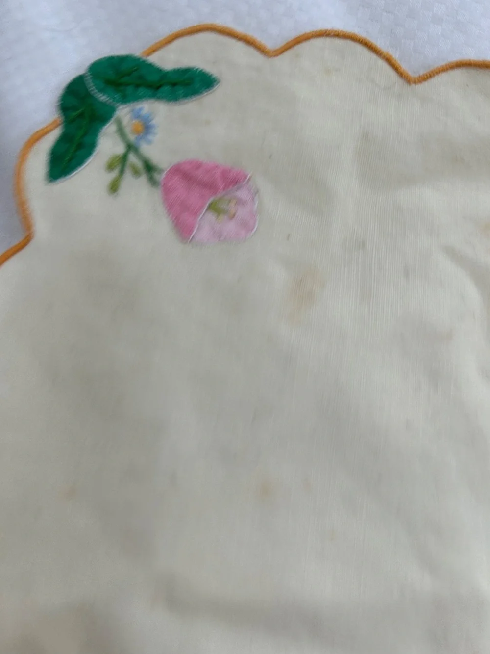 Antique St Barth handmade embroidered applique set 8 blue white doilies center